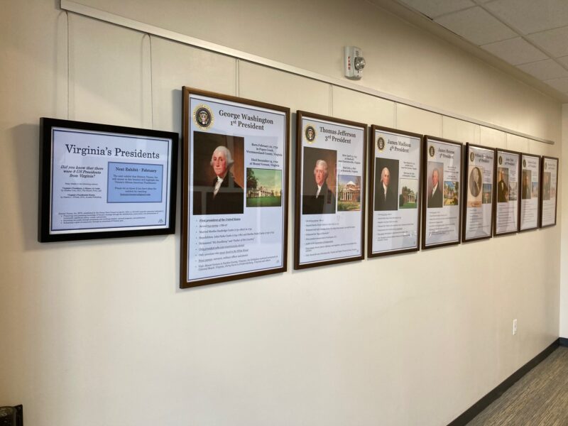 Presidents Exhibit at Community Center Feb 2025. U.S. Presidents born in Virginia