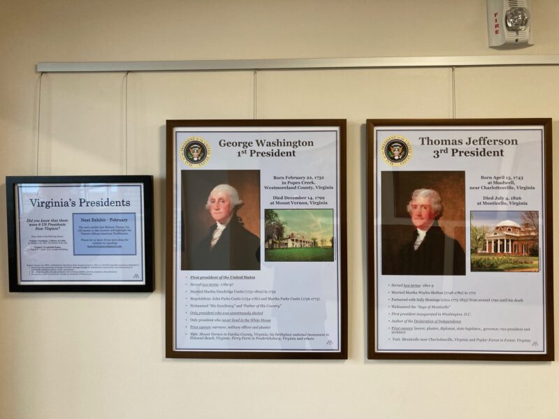 Presidents Exhibit at Community Center Feb 2025. U.S. Presidents born in Virginia